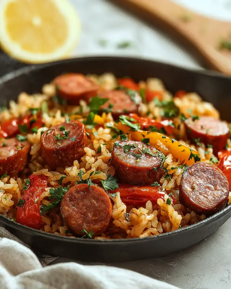 A delicious plate of Kielbasa and Rice Skillet