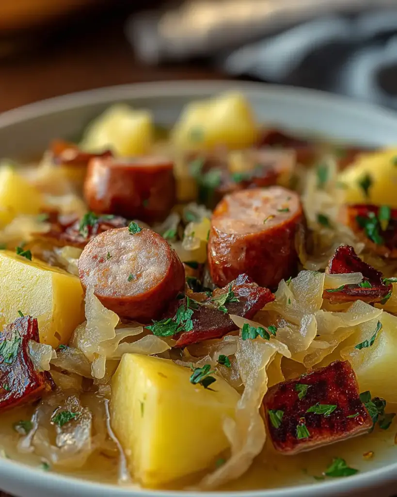 A delicious plate of Kielbasa with Potatoes and Kraut