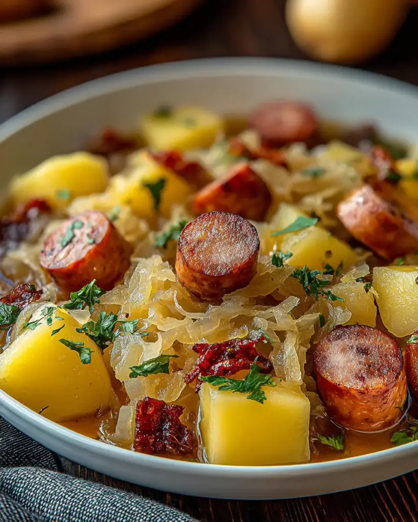 A delicious plate of Kielbasa with Potatoes and Kraut