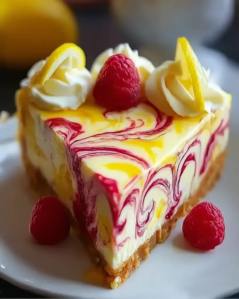 A delicious plate of Lemon Raspberry Swirl Cheesecake - Delicious Dessert Recipe