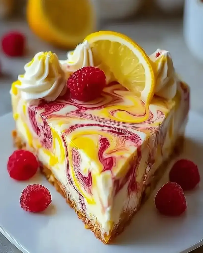 A delicious plate of Lemon Raspberry Swirl Cheesecake - Delicious Dessert Recipe