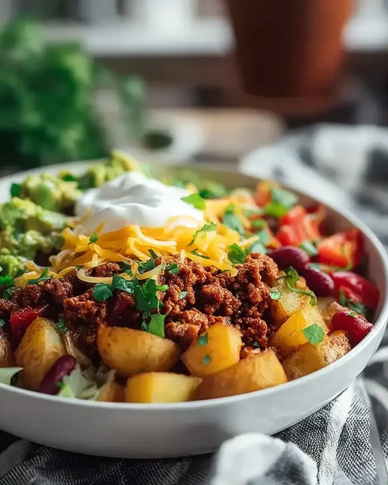 A delicious plate of Loaded Potato Taco Bowl