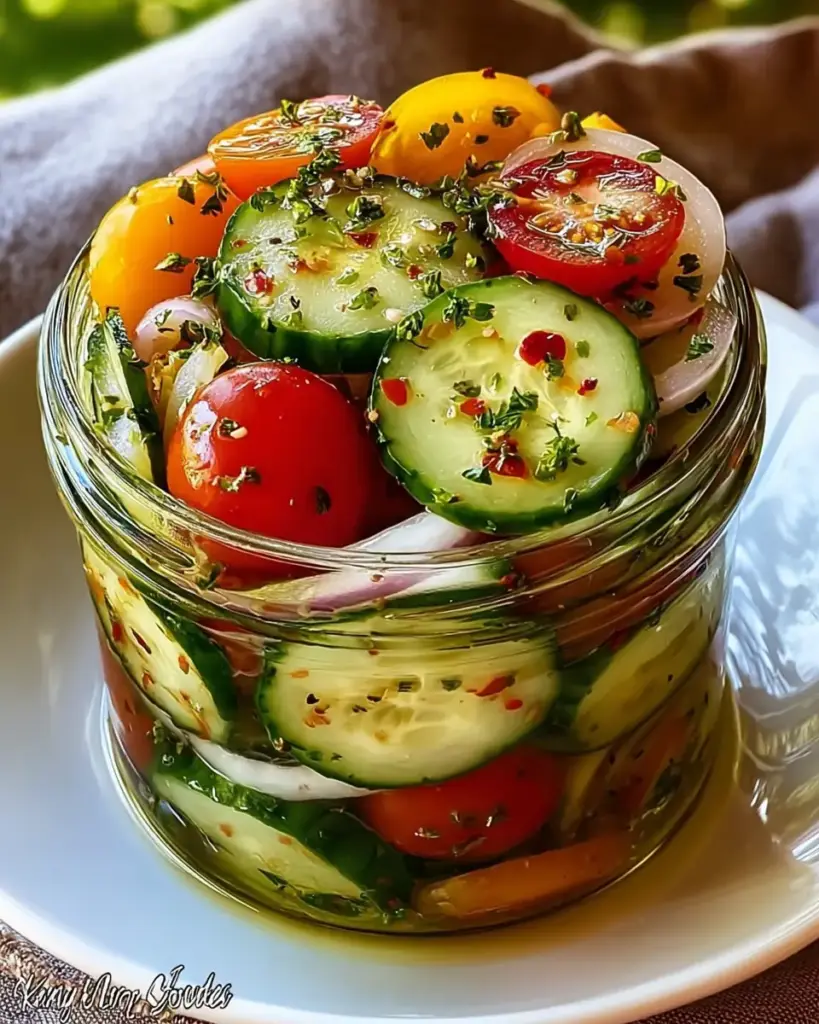 A delicious plate of Marinated Cucumbers, Onions, and Tomatoes