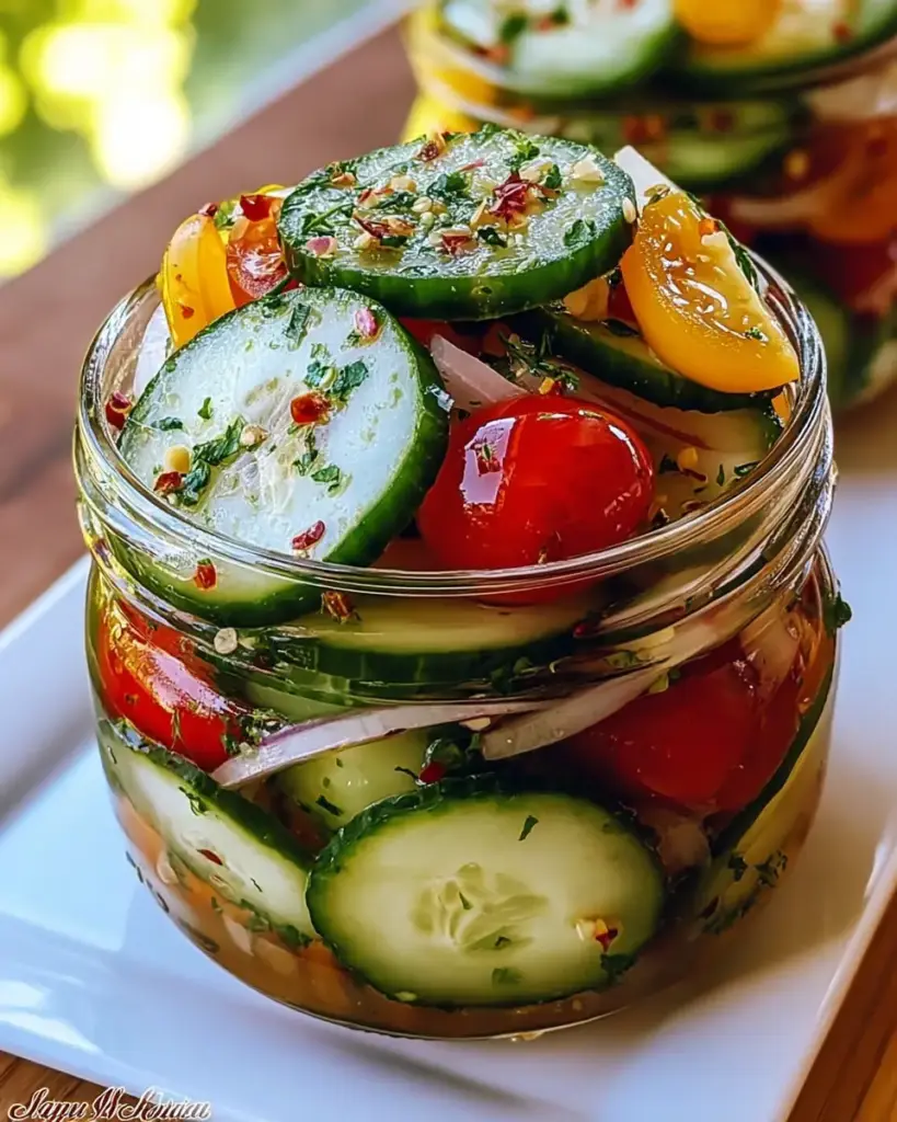 A delicious plate of Marinated Cucumbers, Onions, and Tomatoes