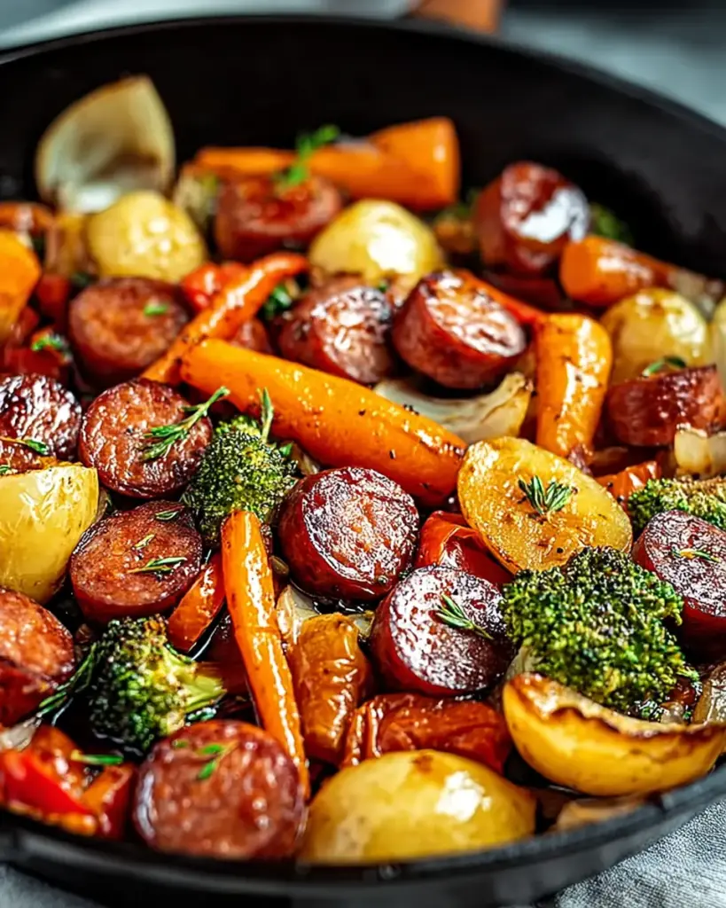 A delicious plate of One-Pan Honey Garlic Kielbasa & Veggies: Easy Family Delight