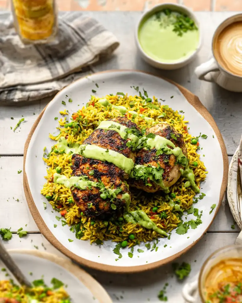 A delicious plate of Peruvian Chicken and Rice with Green Sauce