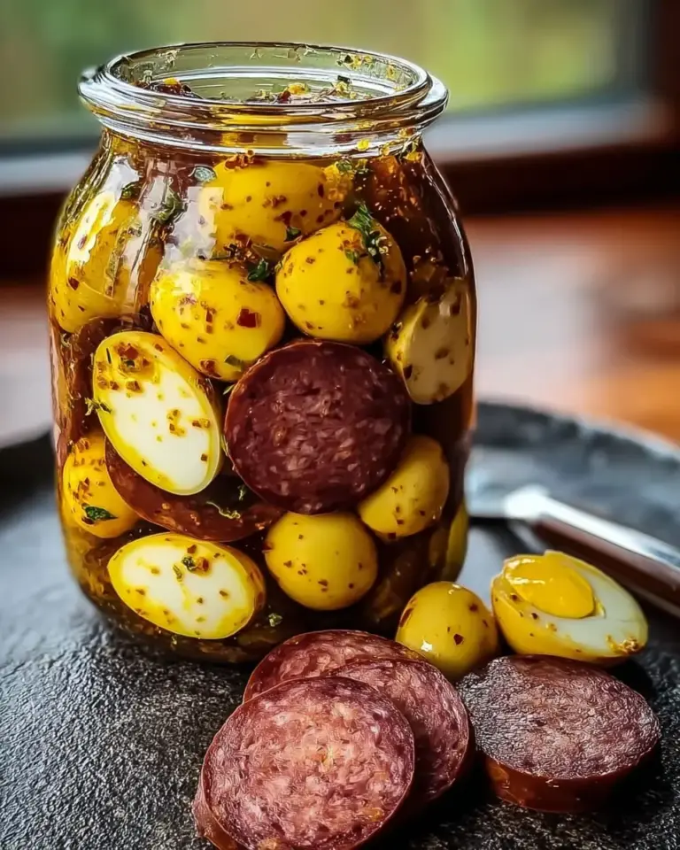 A delicious plate of Pickled Summer Sausage with Mustard Eggs