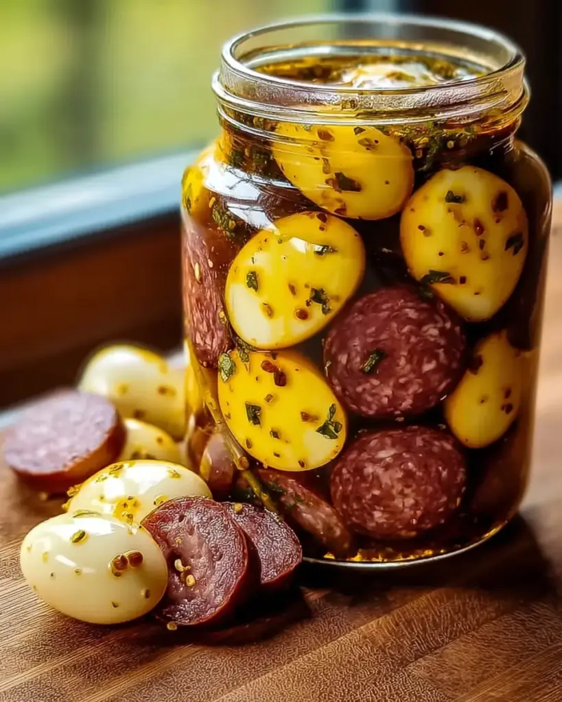 A delicious plate of Pickled Summer Sausage with Mustard Eggs
