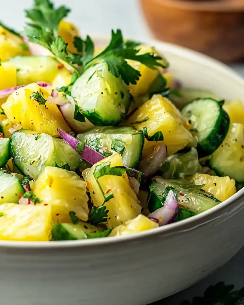 A delicious plate of Pineapple Cucumber Salad Recipe with a Refreshingly Sweet Dressing