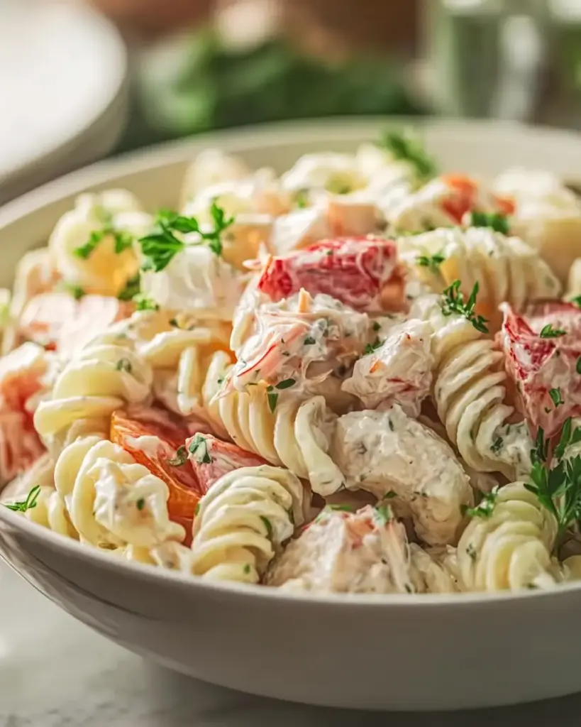 A delicious plate of Refreshing Crab Pasta Salad for Perfect Summer Gatherings