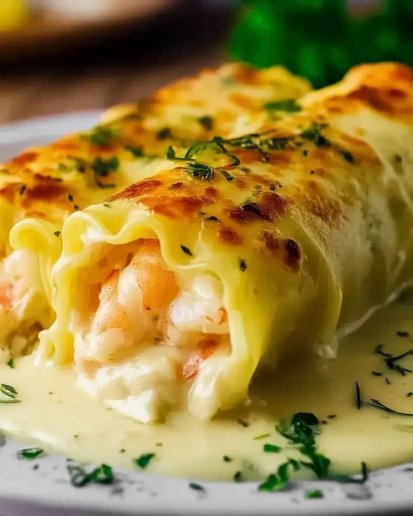 A delicious plate of Seafood Lasagna Roll Ups | Creamy Shrimp & Crab Alfredo