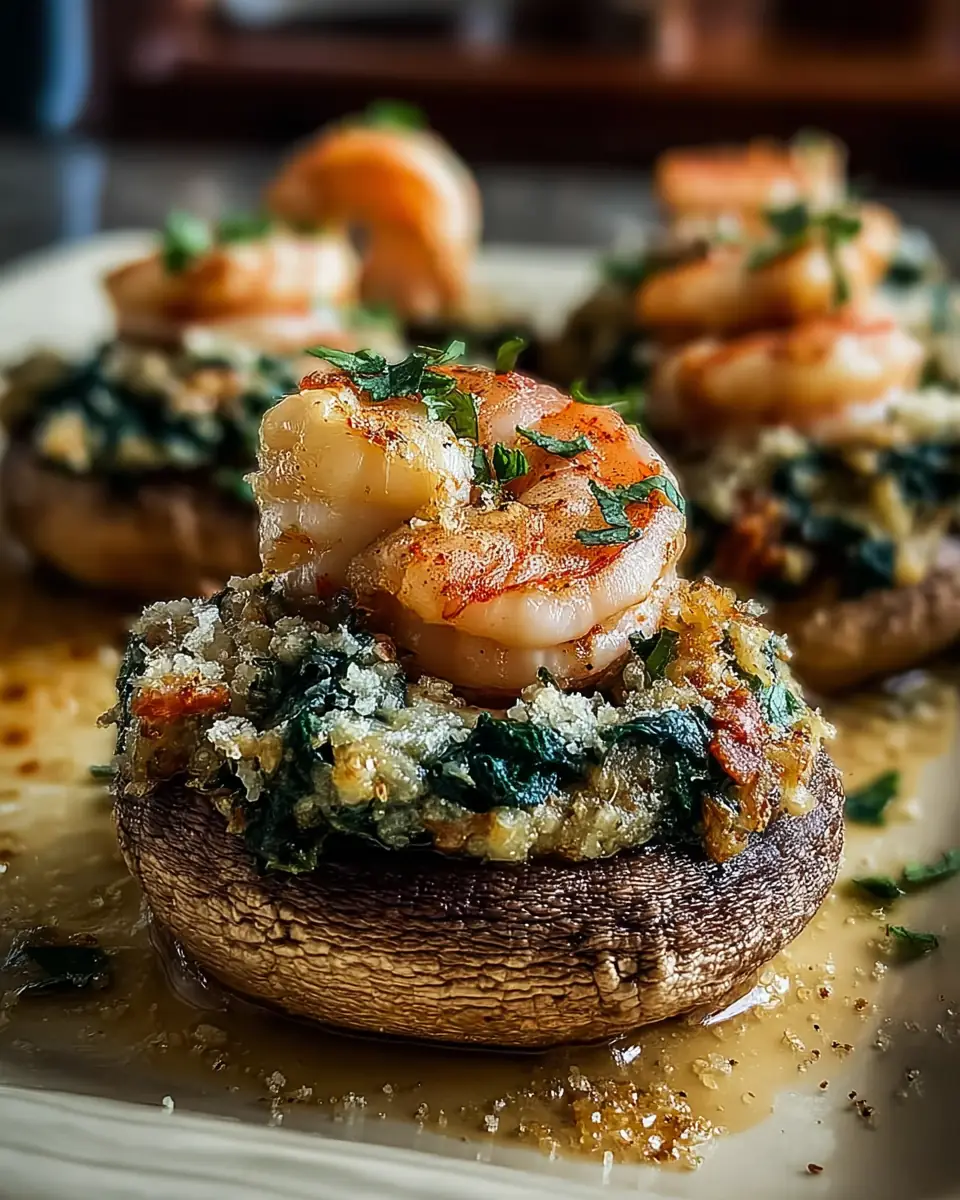 A delicious plate of Shrimp & Crab Stuffed Mushrooms with Spinach and Parmesan