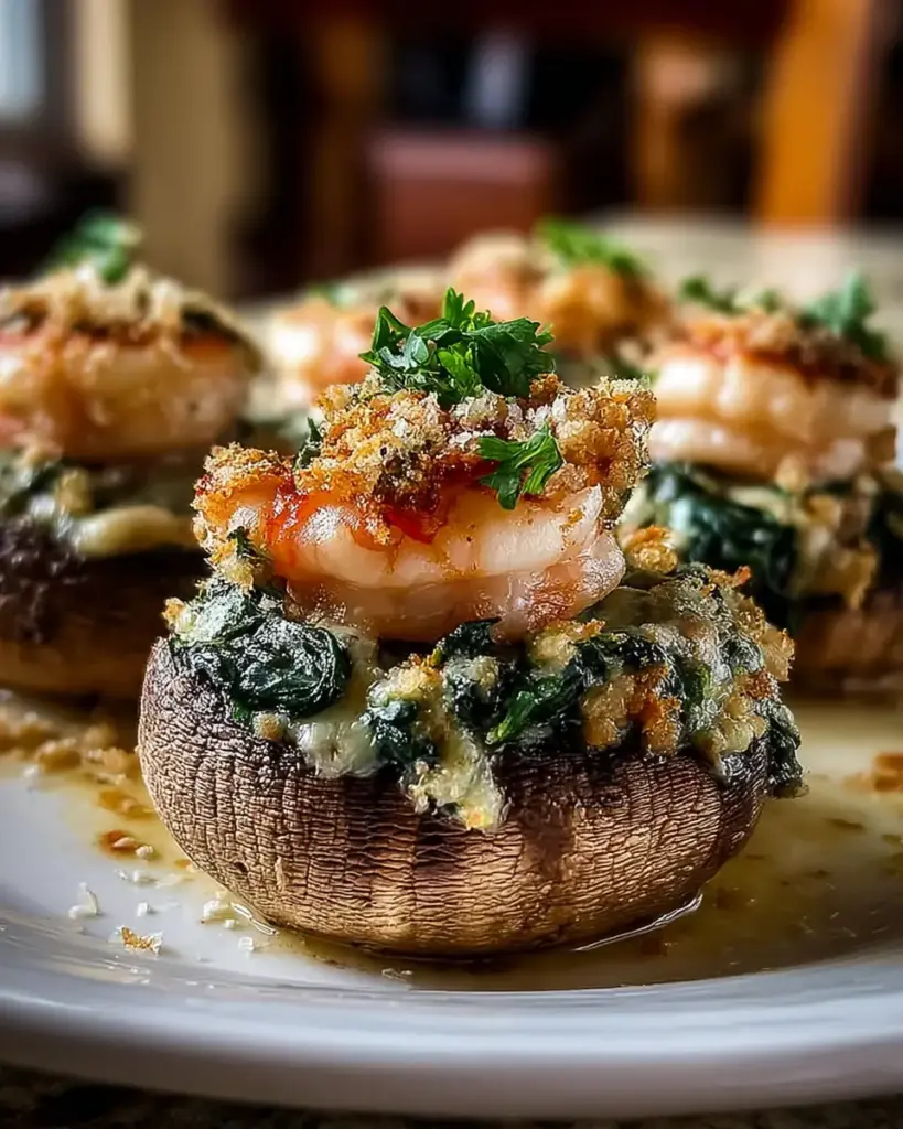 A delicious plate of Shrimp & Crab Stuffed Mushrooms with Spinach and Parmesan