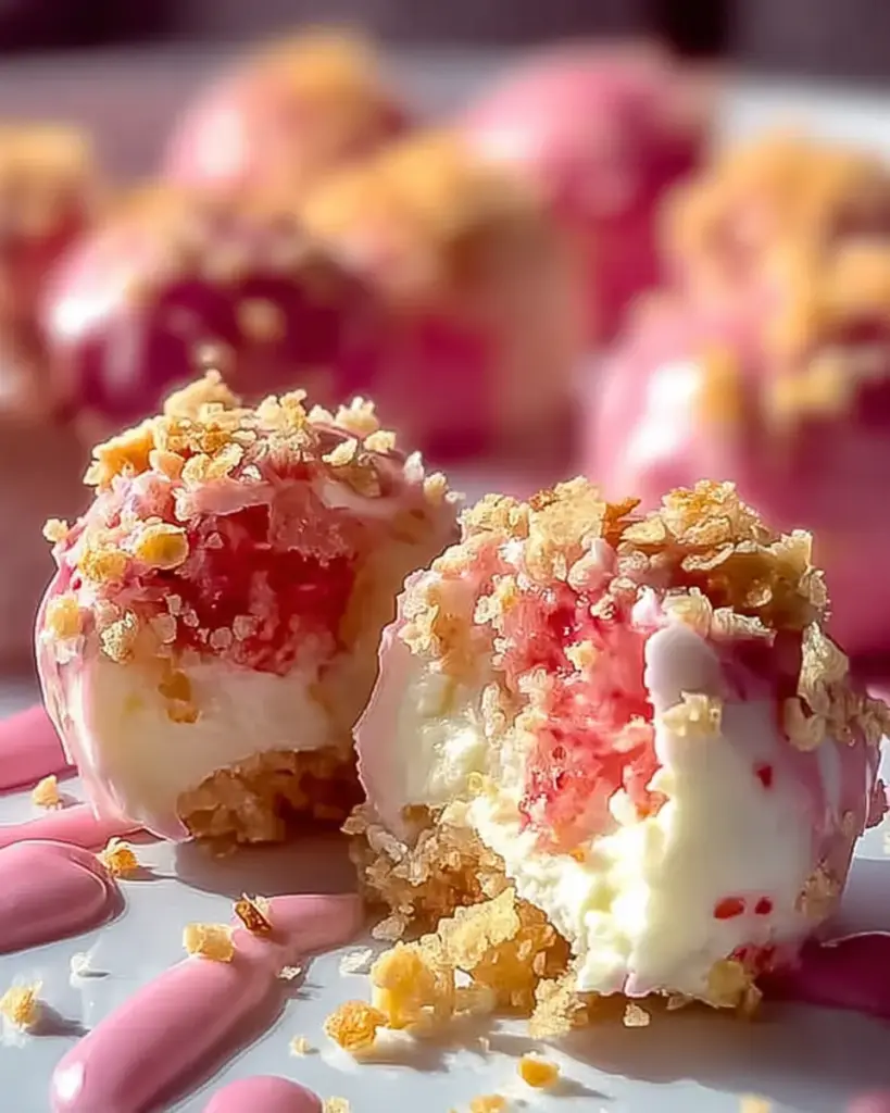 A delicious plate of Strawberry Crunch Cheesecake Bites