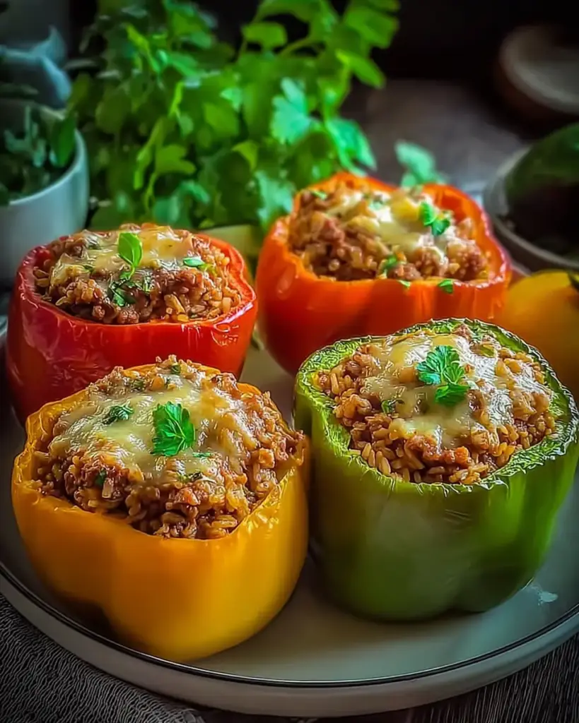 A delicious plate of Stuffed Bell Peppers with Ground Beef & Brown Rice recipe