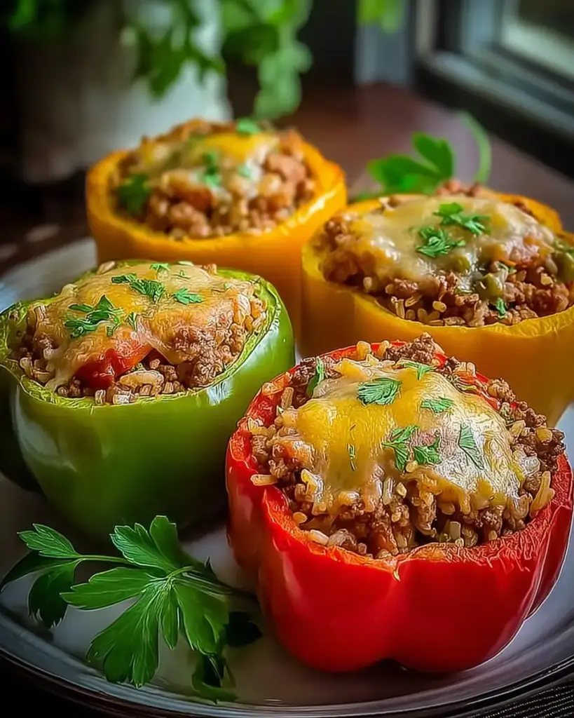 A delicious plate of Stuffed Bell Peppers with Ground Beef & Brown Rice recipe