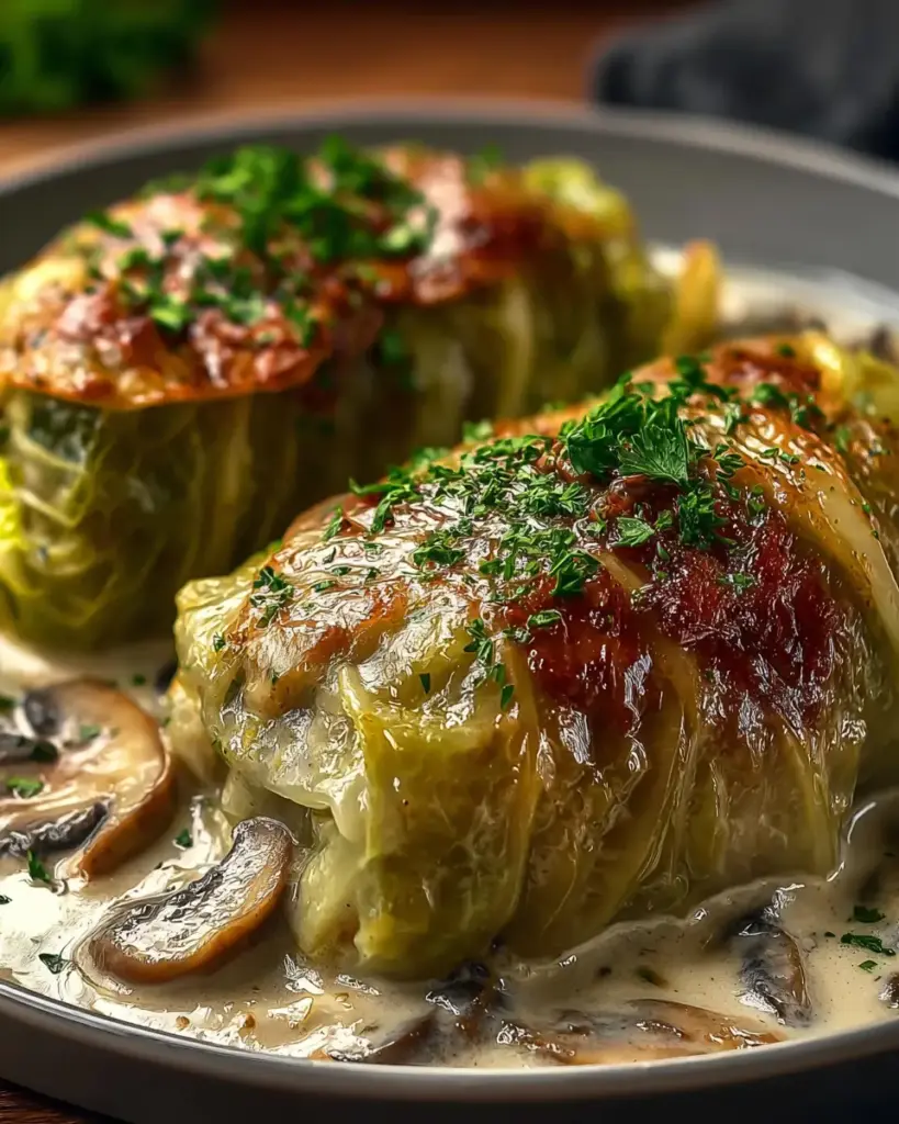 A delicious plate of Stuffed Cabbage Rolls with Mushroom Sauce: Discover Delight!