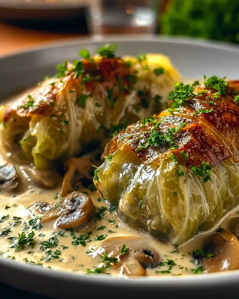 A delicious plate of Stuffed Cabbage Rolls with Mushroom Sauce: Discover Delight!