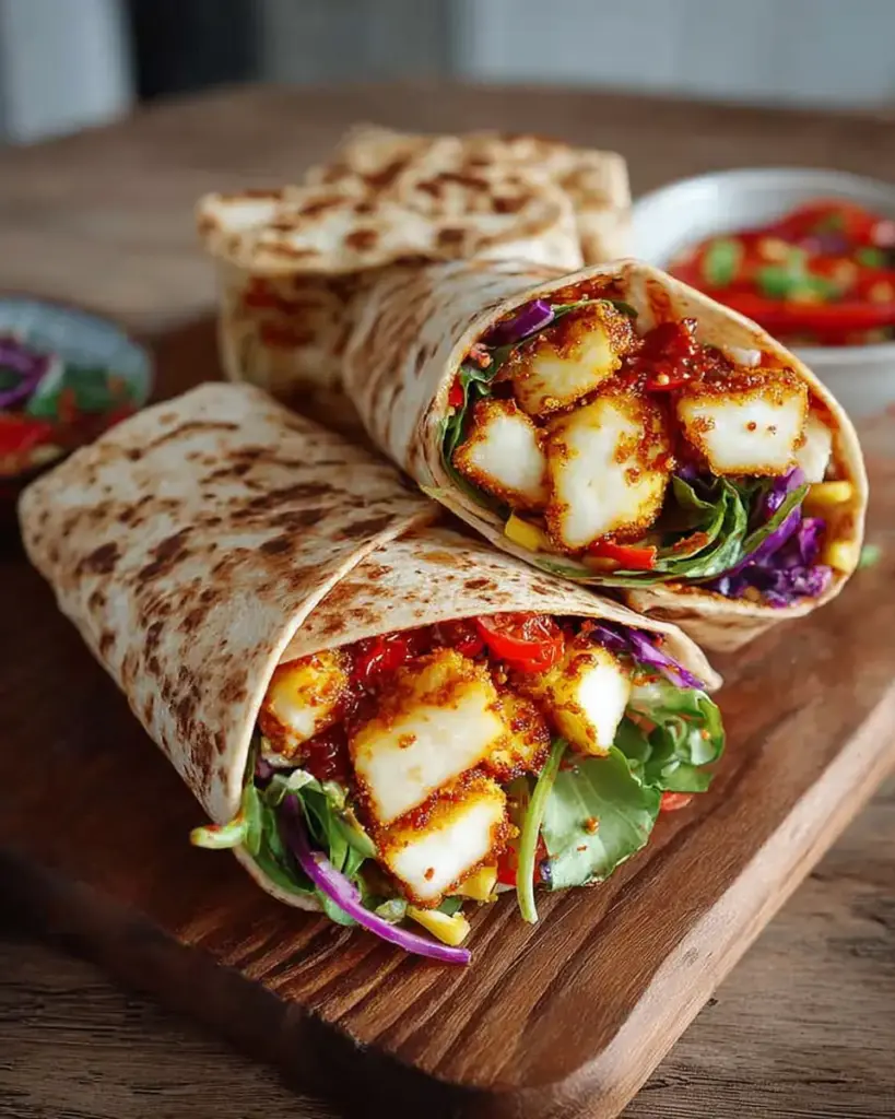 A delicious plate of Sweet Chili Halloumi Wraps | Easy Vegetarian Lunch