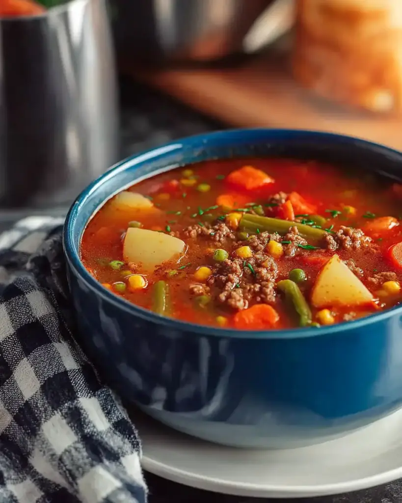 A delicious plate of Vegetable Ground Beef Soup