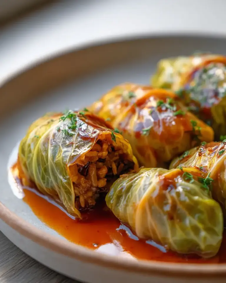 A delicious plate of Wild Rice and Mushroom Stuffed Cabbage Rolls