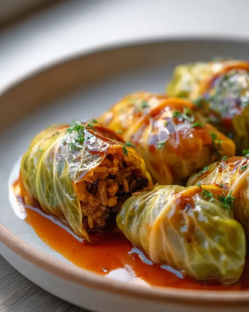 A delicious plate of Wild Rice and Mushroom Stuffed Cabbage Rolls