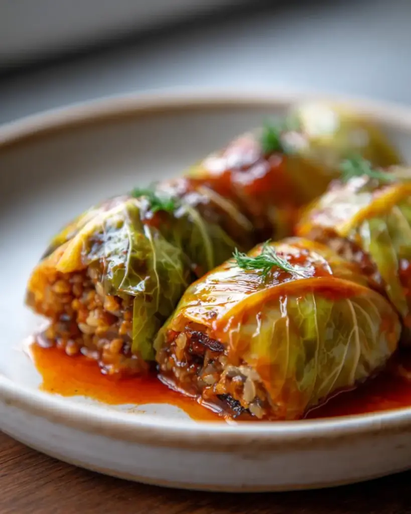 A delicious plate of Wild Rice and Mushroom Stuffed Cabbage Rolls