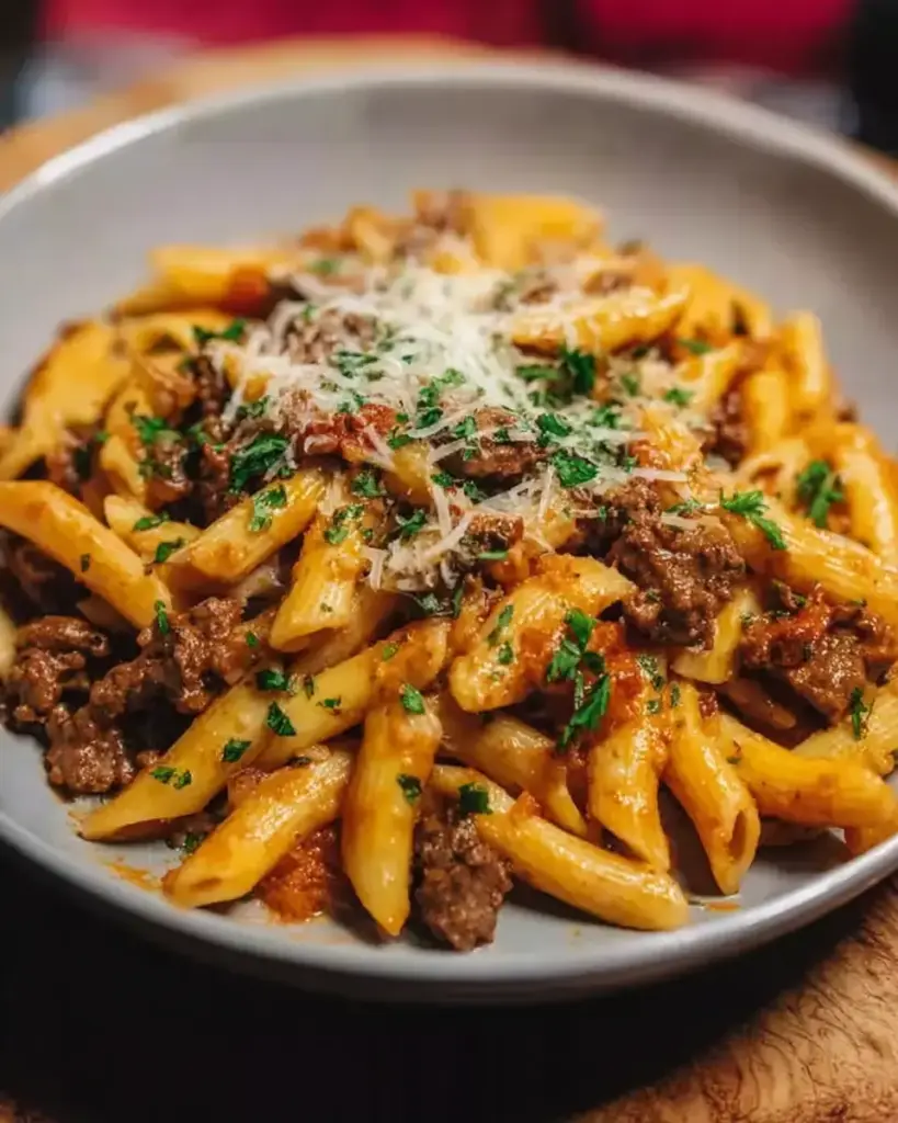 A delicious plate of Creamy High Protein Beef Pasta
