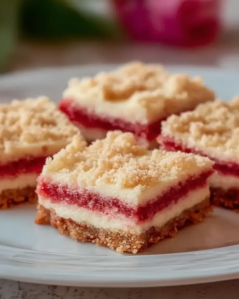 A delicious plate of Delicious Rhubarb Cream Cheese Bars