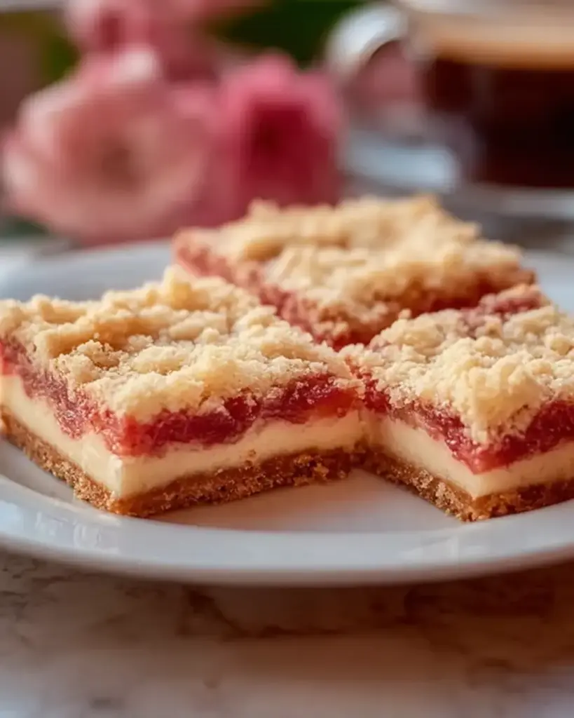 A delicious plate of Delicious Rhubarb Cream Cheese Bars