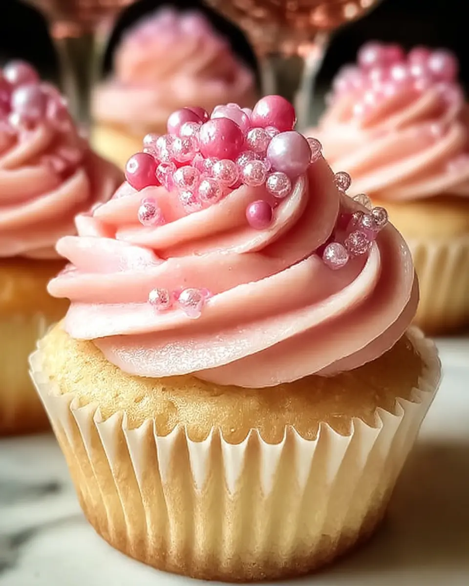 A delicious plate of Deliciously Festive Pink Champagne Cupcakes for Celebrations