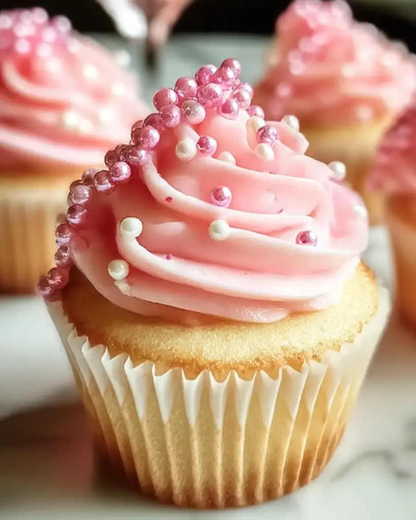 A delicious plate of Deliciously Festive Pink Champagne Cupcakes for Celebrations