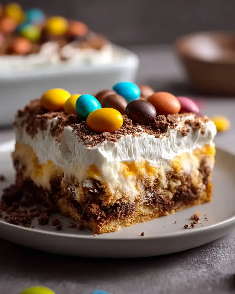 A delicious plate of Easter Dirt Cake Casserole