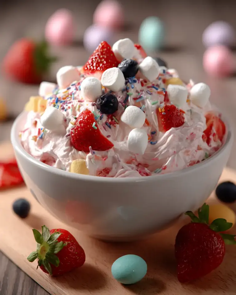 A delicious plate of Easter Fruit Fluff Salad : Creamy Marshmallow Spring Dessert