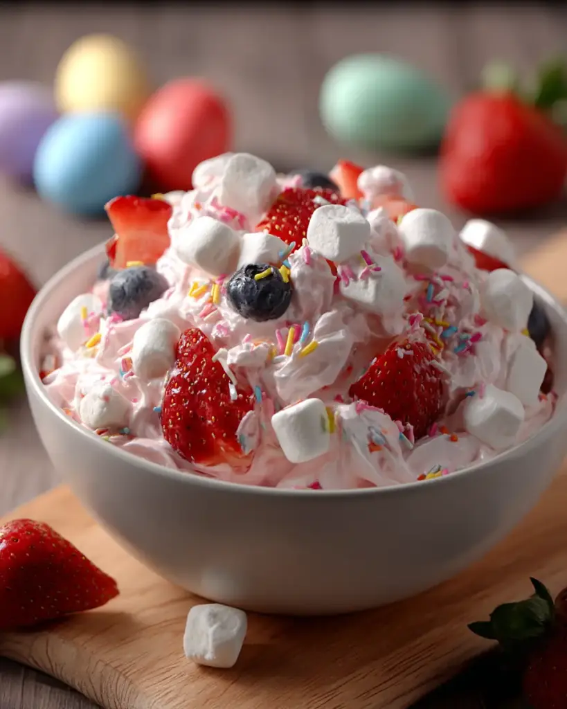 A delicious plate of Easter Fruit Fluff Salad : Creamy Marshmallow Spring Dessert