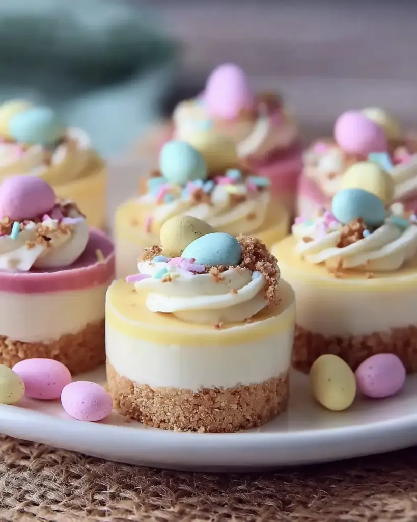 A delicious plate of Easter No-Bake Mini Cheesecakes