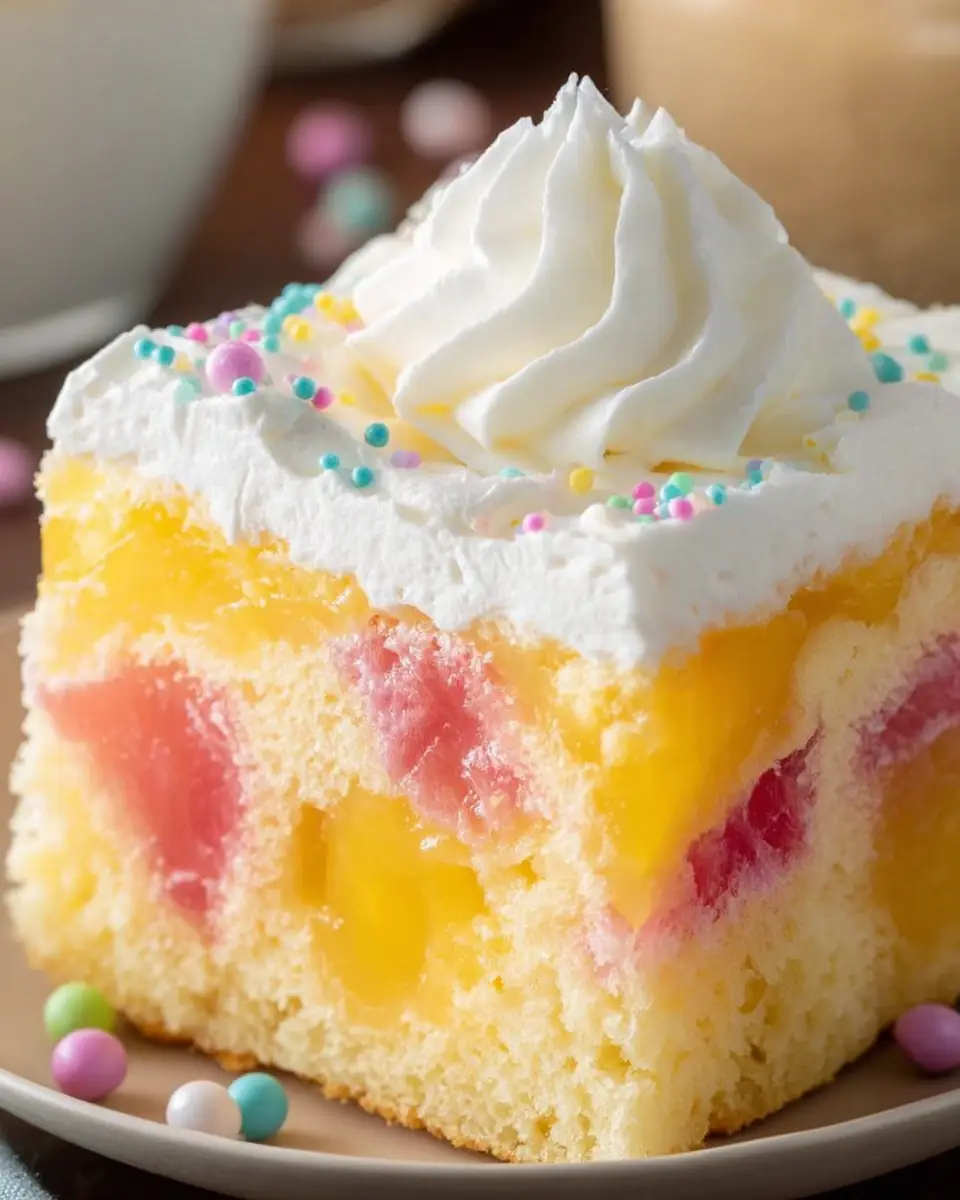 A delicious plate of Easter Poke Cake Vanilla Gelatin