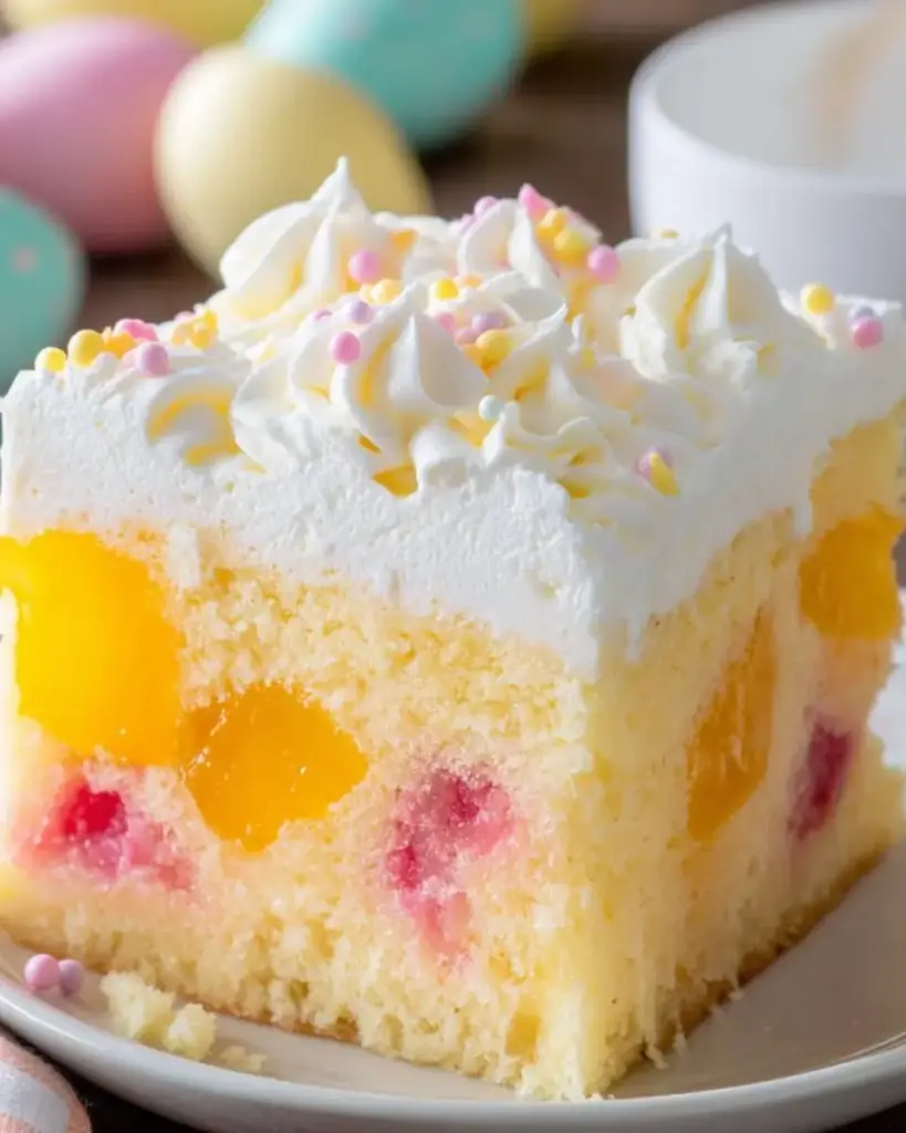A delicious plate of Easter Poke Cake Vanilla Gelatin