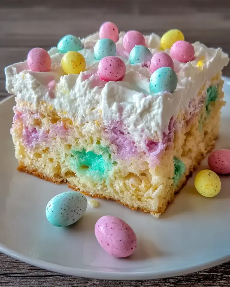 A delicious plate of Easter Poke Cake is a 3-color pastel dessert for spring parties, and an ultimate crowd-pleaser.