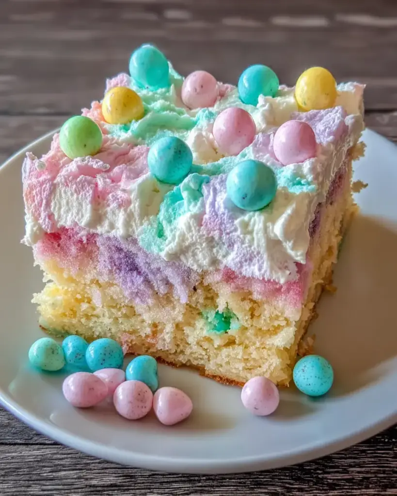 A delicious plate of Easter Poke Cake is a 3-color pastel dessert for spring parties, and an ultimate crowd-pleaser.