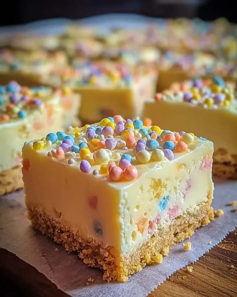 A delicious plate of Easy Easter Egg Lemon Cheesecake Bars with a Zesty Twist