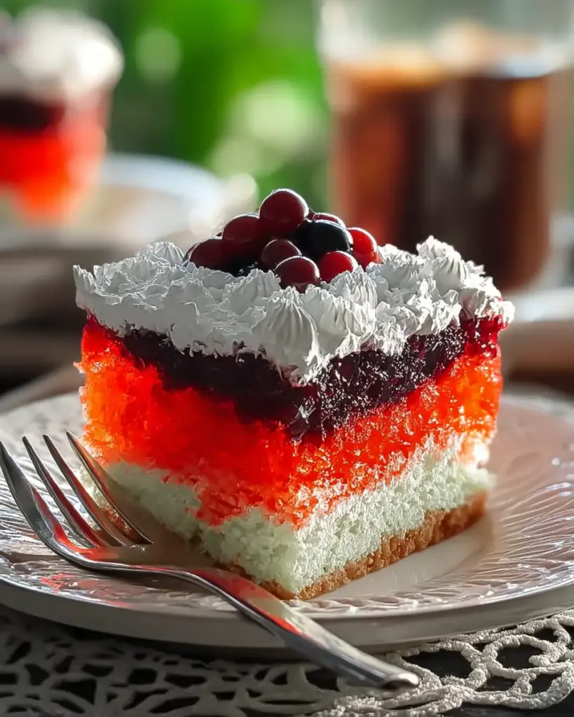 A delicious plate of Easy Jello Poke Cake - A Sweet Dessert Treat