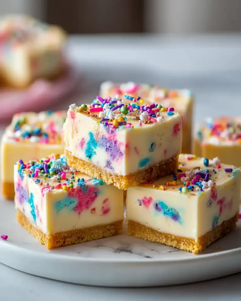 A delicious plate of Funfetti Birthday Cheesecake Bars: Easy, Festive Treat!