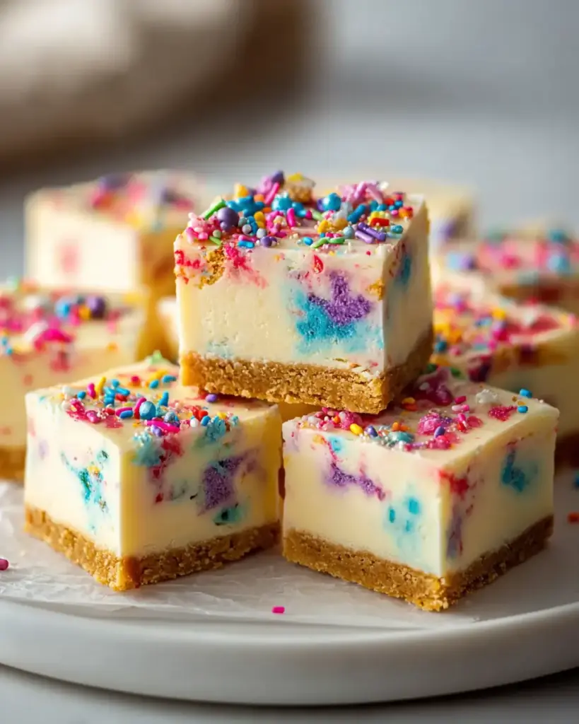 A delicious plate of Funfetti Birthday Cheesecake Bars: Easy, Festive Treat!