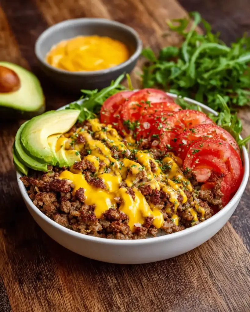 A delicious plate of High-Protein Cheeseburger Bowls