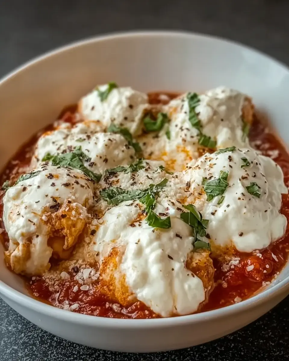 A delicious plate of High Protein Chicken Parm Cottage Cheese Bowl for Busy Chefs