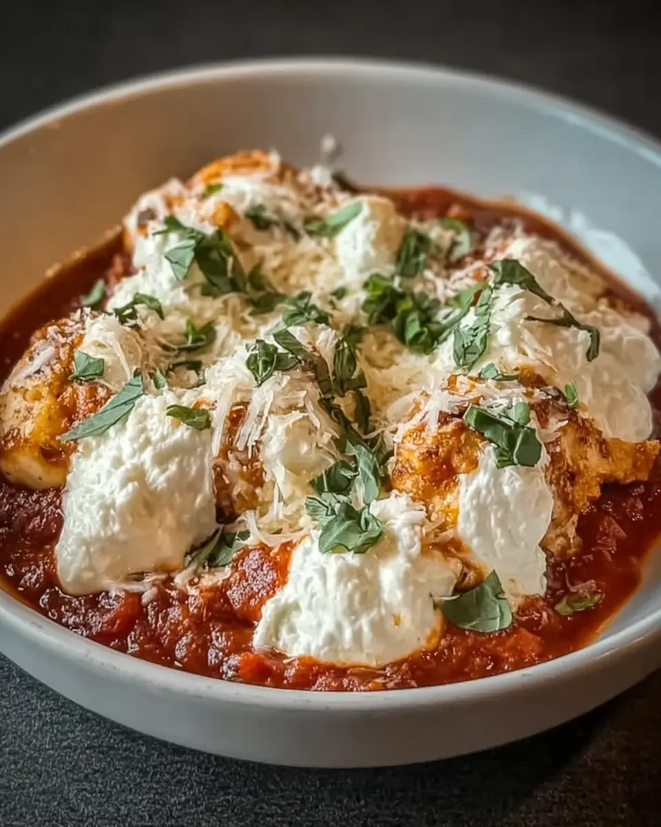 A delicious plate of High Protein Chicken Parm Cottage Cheese Bowl for Busy Chefs