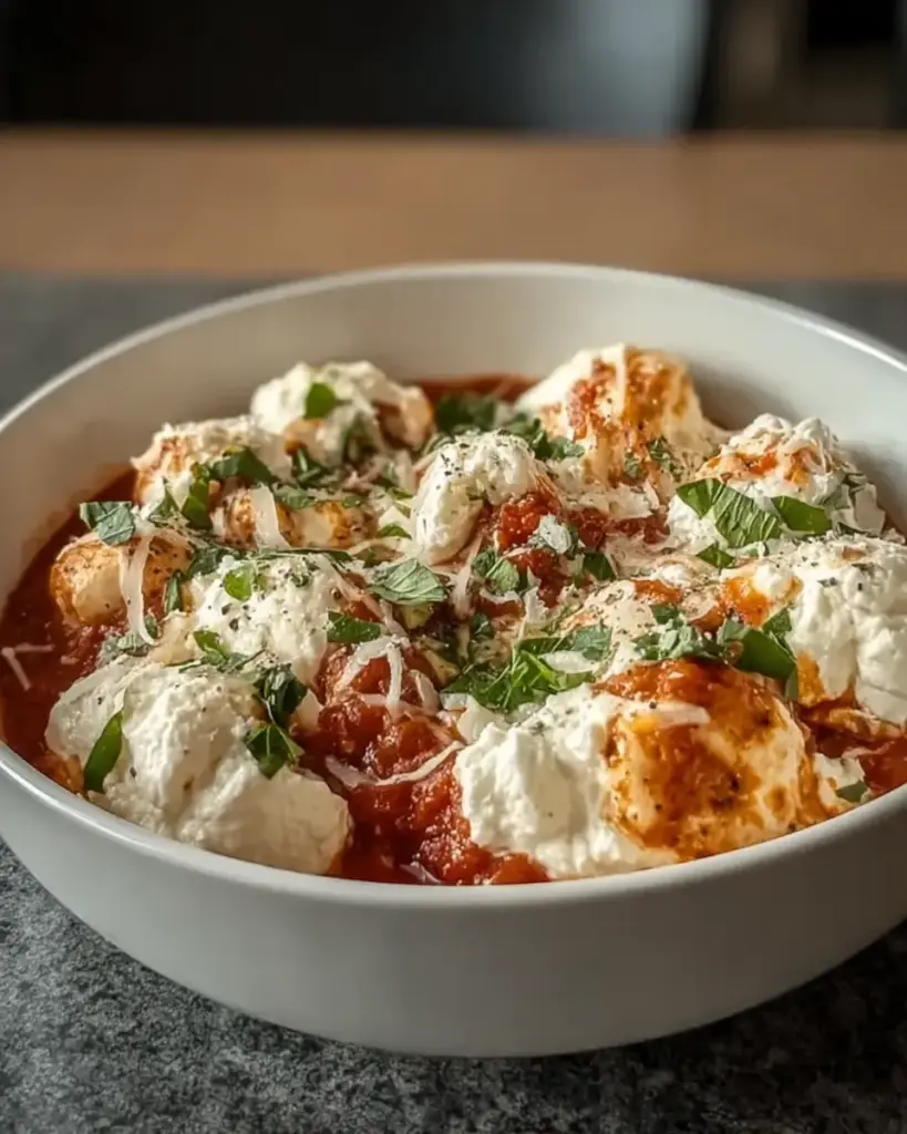 A delicious plate of High Protein Chicken Parm Cottage Cheese Bowl for Busy Chefs