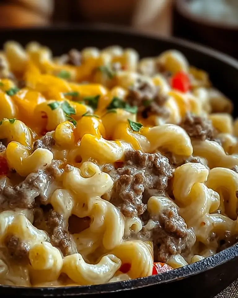 A delicious plate of High-Protein Creamy Philly Cheesesteak Mac & Cheese