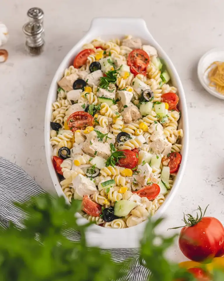 A delicious plate of High Protein Pasta Salad